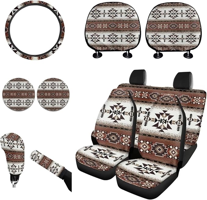 Wanyint Car Accessories Car Seat Cover Full Set Pack of 11, with Steering Wheel Gear Shift Knob Handbrake Headrest Cover Coasters Auto Decor, Southwest Aztec Dark Brown