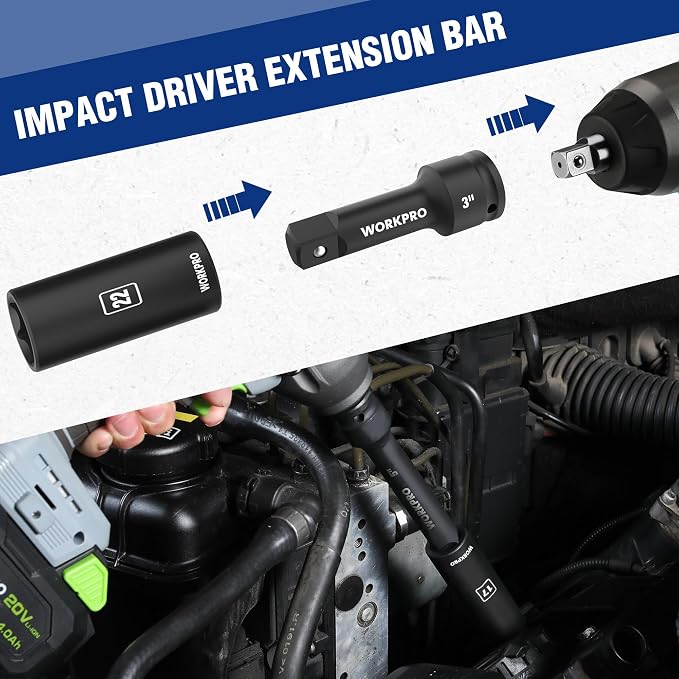 WORKPRO 1/2” Drive Impact Socket Set, 65PCS SAE(3/8”-1-1/4”) and Metric(10-24mm) Deep & Shallow Kit, Ratchet Handle, Extension Bar, Impact Universal Joint and Adapters for Automotive Repair