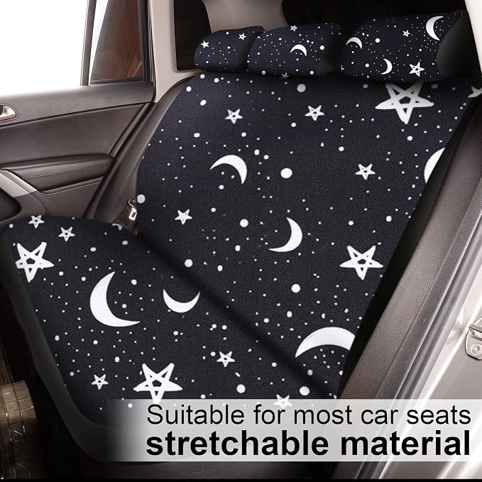 Tallew 26 Pieces Skeleton Cat Moon and Stars Car Seat Cover Full Set for Women Men Rubber Steering Wheel Cover License Plate Frame Mirror Covers Moon and Stars Car Accessories for SUV Truck(Moon)