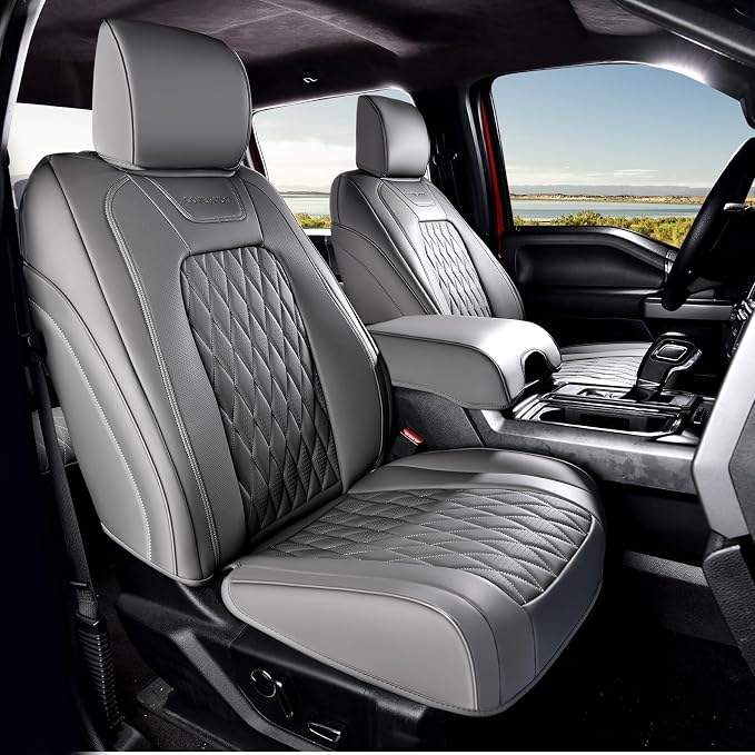 Coverado Leather Car Seat Cover, Custom Fit for Ford F150 Seat Covers, Ford F150 Truck Seat Covers Waterproof Fit for 2015-2026 F150 & 2017-2026 F250 F350 F450 Gray - Front Pair