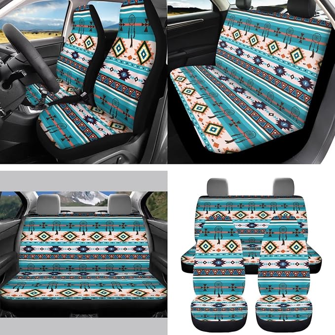 Blue Boho Car Accessories Car Seats Cover Protector, Steering Wheel Covers, Seatbelt Cover, Car Trash Can, Cup Coasters, Rearview Mirror Cover, Keychains, Pack of 15