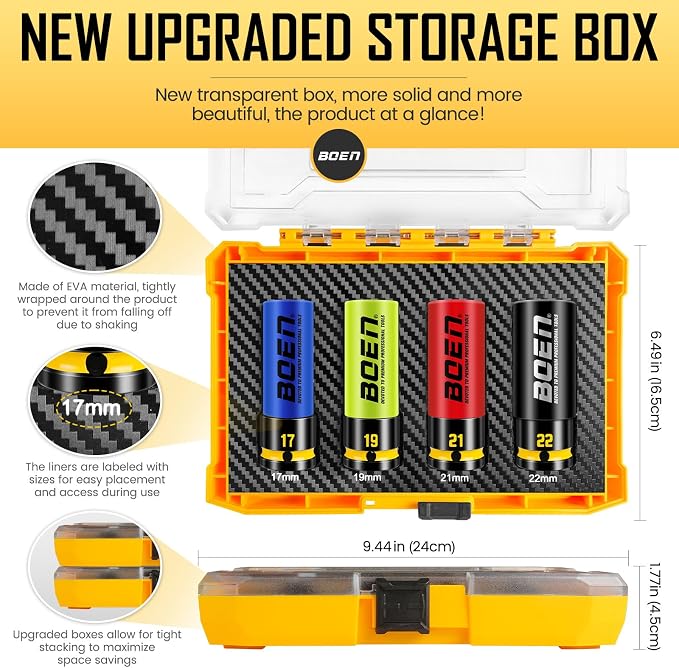 BOEN 8P Impact Socket Adapter & Reducer Set and 4P 1/2" Drive Impact Lug Nut Socket Set, Color-Coded and Embossed and Painted Marking, CR-MO Steel
