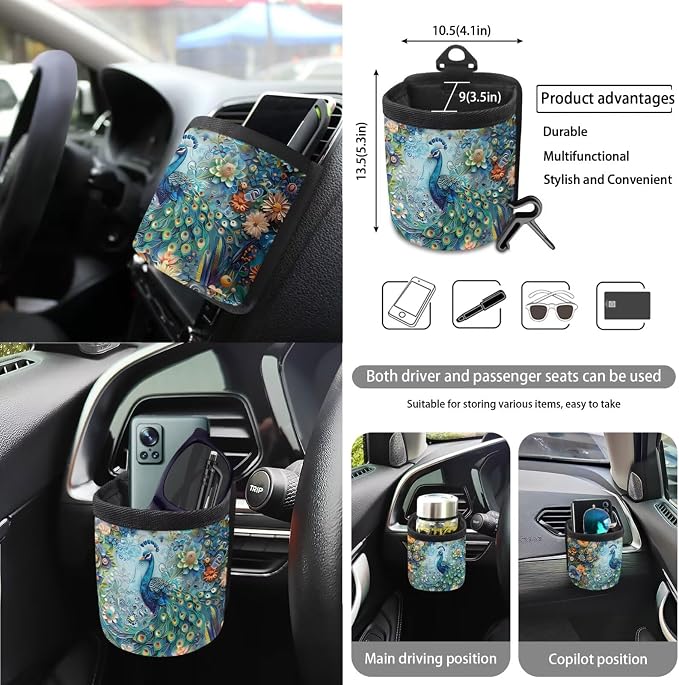 Peacock Flower Print 15Pcs Car Interior Cover Set Includes Car Seat Covers Front and Back Full Set Steering Wheel Cover Safety Belt Pads Rear View Mirror Protector Cup Mats, Blue