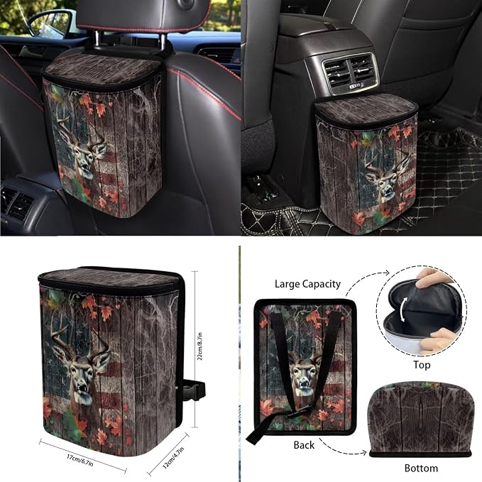 Deer Wood American Flag Print Auto Seat Covers Full Set, Maple Leaf 10 Pcs Universal Fit Car Accessories Steering Wheel Cover Car Trash Bin Keychain Coasters Air Vent Storage Box