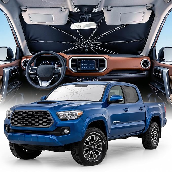 Weektic Custom Windshield Sun Shade Umbrella for Toyota Tacoma 2016-2023, [Double Thickened Ice Crystal Coating] Sun & Heat Protection, Keep Vehicle Cool & Protect Interior