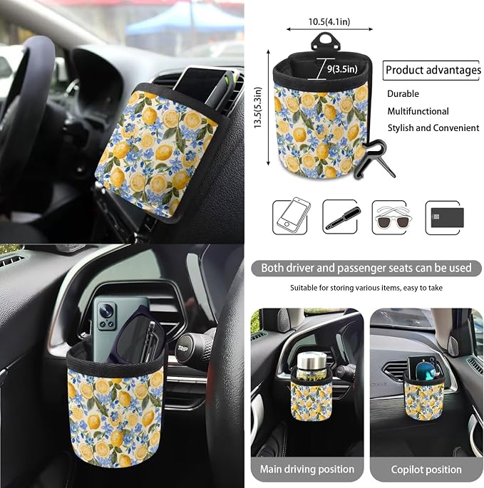 Lemon Print Car Seat Cover Sets for Women Full Set, Universal Decorative Auto Seat Covers with Steering Wheel Cover Seatbelt Pads Garbage Bag Car Air Vent Storage Bag Organizer