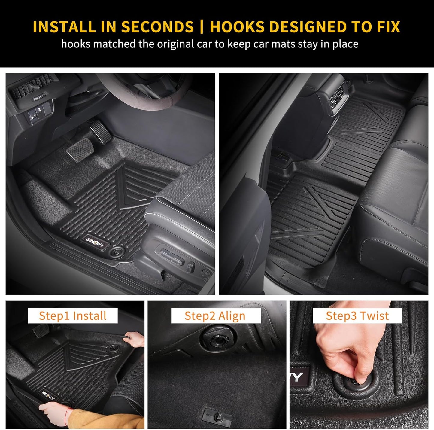 GINOWY- Floor Mats for Kia K5 2021-2024 2025(Only FWD Models) for Hyundai Sonata 2020-2025, TPE All Weather 2024 K5 Car Mats 1st & 2nd Row Non-Slip Durable Black