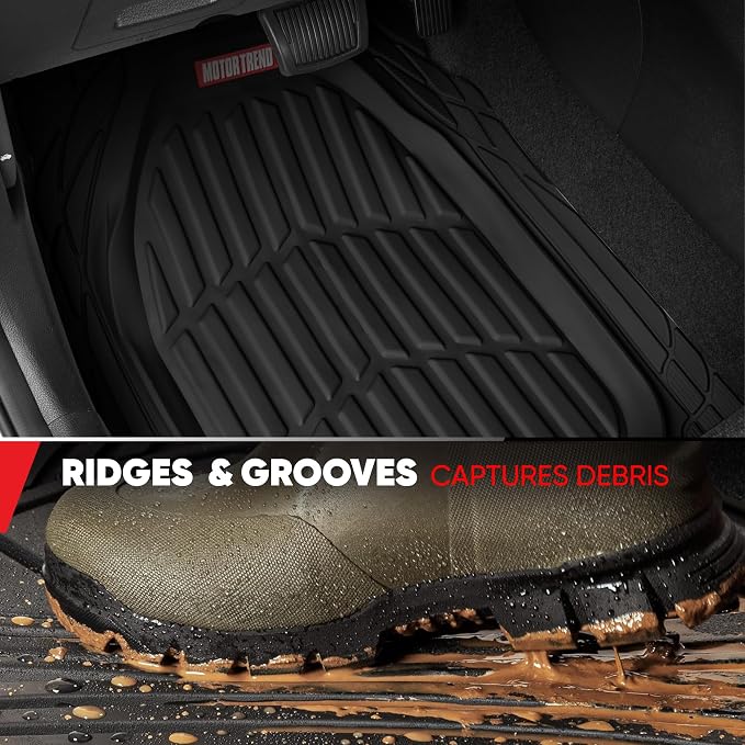 Motor Trend Original FlexTough Black Rubber Car Floor Mats with Cargo Liner - All Weather Automotive Floor Mats, Heavy Duty Trim to Fit Design, Odorless Floor Liners for Cars Truck Van SUV