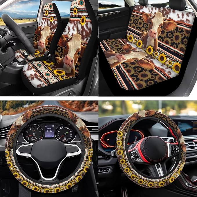 Aztec Cow 12 Pack Car Seat Covers Full Set with Steering Wheel Cover Arm Rest Cover Car Cup Coasters Auto Seat Belt Cover Easy to Install Universal Fit for Vehicles,Cars,Suvs