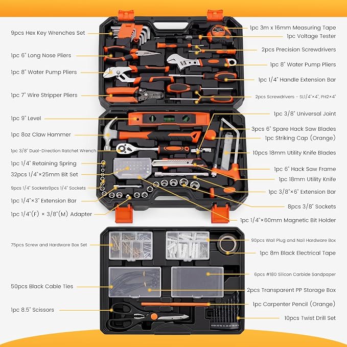 330-Piece Portable Home Repair Tool Kit with Pull-Out Drawer | Compact Homeowners Tool Kit, Durable Tool Box for Homeowner, DIY Projects, Handyman, Black-Yellow
