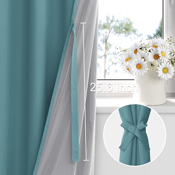 XWZO 100% Blackout Curtains - Thermal Insulated Black Liner Curtains, Noise Reducing and Heat Blocking Drapes for Hall and Studio Windows with Tiebacks, Stone Blue, W60 x L63, Set of 2