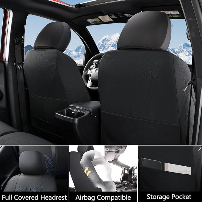 Truckiipa Seat Covers for Tacoma Full Set Leather Truck Seat Covers Waterproof Car Seat Cover Cushion Custom Fit for 2005-2015 Toyota Tacoma Double Crew Cab, Full Set, Black&Blue