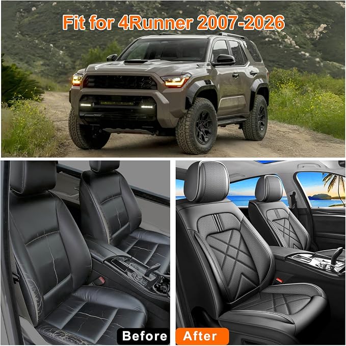 4Runner Car Seat Covers Custom Fit for Toyota 4Runner 2003-2026, Premium Full Coverage Leather Automotive Seat Protectors, All Seasons Waterproof Breathable, Airbag Compatible (Full Set, Black)