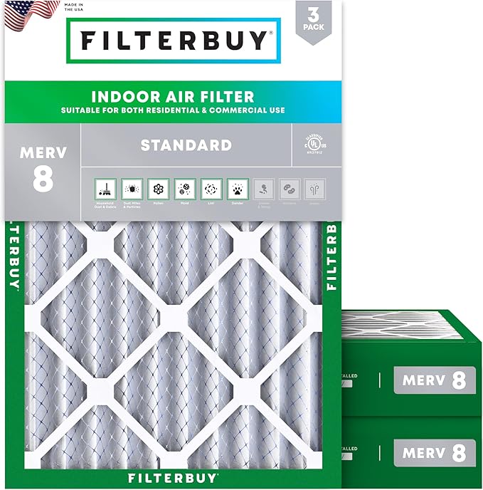 Filterbuy 18x20x4 Air Filter MERV 8 Essential Dust & Allergy Defense (3-Pack), Electrostatic Pleated HVAC AC Furnace Filters Replacement (Actual Size: 17.50 x 19.50 x 3.63)