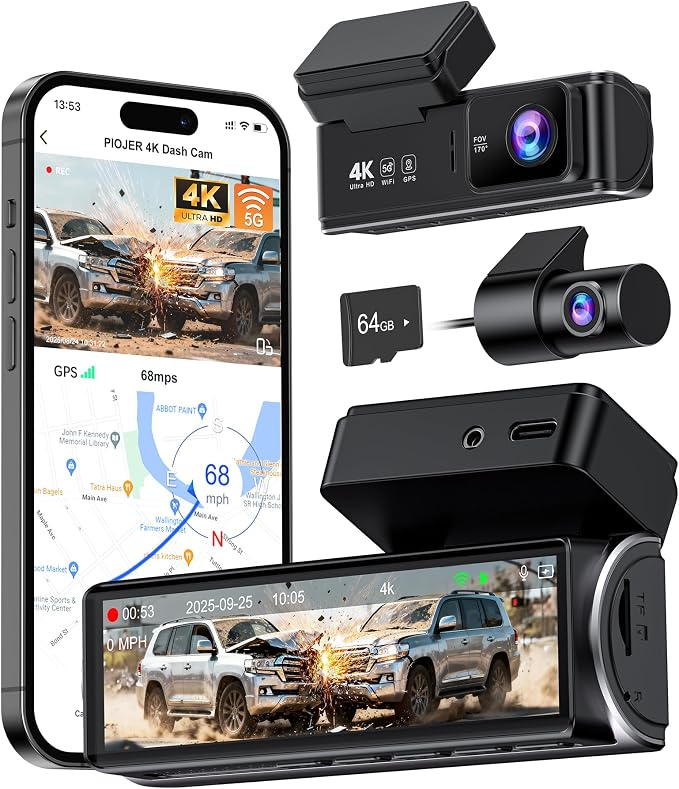 4K Dash Cam Front Rear, Dual Dash Camera for Cars Built in 5GHz/2.4GHz WiFi GPS Dashcam with G-Sensor 24H Parking Monitor Loop Recording WDR Night Vision 170° View Angle APP Control Free 64GB SD Card