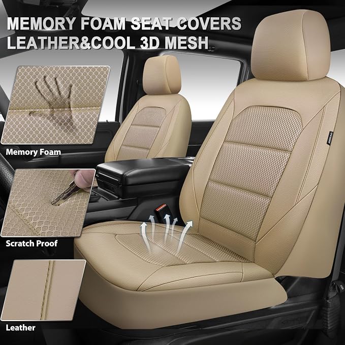 CAR PASS Memory 3D Foam Car Seat Covers Full Set, Breathable Mesh Thick Seat Covers for Cars,Beige Leather Seat Covers,Airbag Compatible Universal Automotive Comfort for SUVs Trucks SUV, All Beige