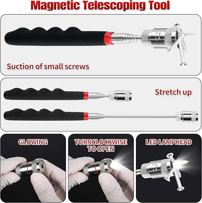 TOOLEAGUE 12PCS Pick and Hook Set with Scraper and Magnetic Telescoping Tool Kit for Automotive and Electronic Hand Tools Car Auto Oil Seal/O-Ring Seal Gasket Hand Pick Up Tools