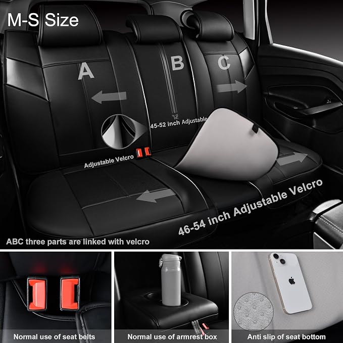 CAR PASS Nappa Leather Back Seat Cover, Waterproof Bench Rear Seat Cover, Breathable Back Row Protector Luxury Cushioned, XL-L-M Size Universal Fit for Cars SUV Pick-up Truck Sedan(Black Charcoal)