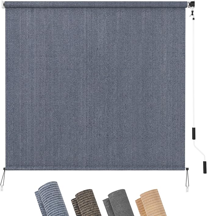 KELIXU Patio Shades Roll Up Outdoor Blind, 8' W x 8' H Cordless Sun Shade Privacy Screen with 90% UV Protection Exterior Roller Shade Cloth for Porch Pergola Backyard Windows Balcony, Blue-Gray