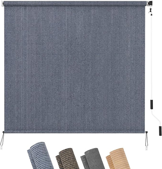 KELIXU Patio Shades Roll Up Outdoor Blind, 8' W x 6' H Cordless Sun Shade Privacy Screen with 90% UV Protection Exterior Roller Shade Cloth for Porch Pergola Backyard Windows Balcony, Blue-Gray