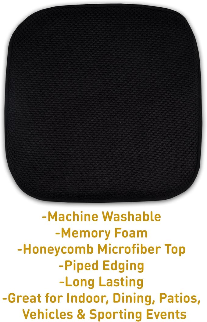 Sweet Home Collection Memory Foam Chair Cushion Honeycomb Pattern Solid Color Slip Non Skid Rubber Back Ultimate Comfort and Softness Rounded Square 16" x 16" Seat Cover, 12 Pack, Black