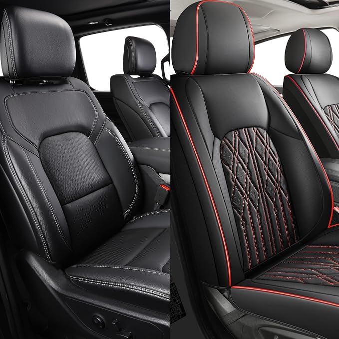 Huidasource Car Seat Covers Full Set, Leather Seat Cover Universal Fit for Most Cars Sedans SUVs Trucks, Airbag Compatible, Cup Holder Access, Easy Install, Wipes Clean, Wear-Resistant, Black&Red