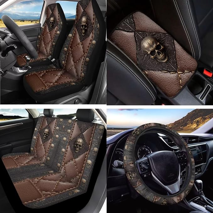 Skull Print Car Seat Cover Full Set with Auto Steering Wheel Cover Seat Belt Protector Armrest Pad Auto Rear View Mirror Protector Set of 15, Car Accessories Set, Brown