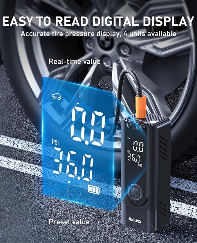 JUSUOX Tire Inflator Portable Air Compressor, Dual Power (Cordless & 12V DC) Air Pump for Car Tires, 150PSI Fast Air Pump for Moto, Bike, Large Capacity Battery, Digital Gauge with Emergency LED Light