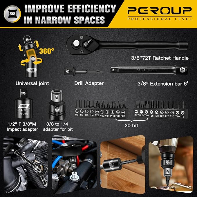 3/8 Inch Drive Impact Socket Set, 72 PCS Standard SAE(5/16"- 3/4") & Metric(8-22mm) With Spark Plug, 6 Point Deep & Shallow, 72T Wrench Ratchet Tool Kit, Cr-V With Heavy Duty Storage Case