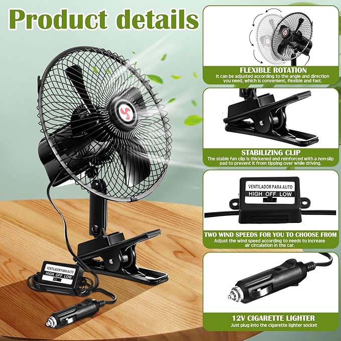 Tujoe 2 Pcs Portable Car Fan with Car Cigarette Lighter Electric Cooling 12 Volt Oscillating Fan 12 Volt Fan Automobile Vehicle 360 Degree Swivel Fan with Clip for Car Truck Supplies, Black (8 Inch)