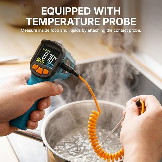Tilswall Infrared Thermometer, -58°F to 1472°F(-50~800°C), Non-Contact Digital Laser Thermometer with Probe, Adjustable Emissivity, High/Low Temp Alarm, for Cooking/BBQ/Freezer(NOT for Human)-W300