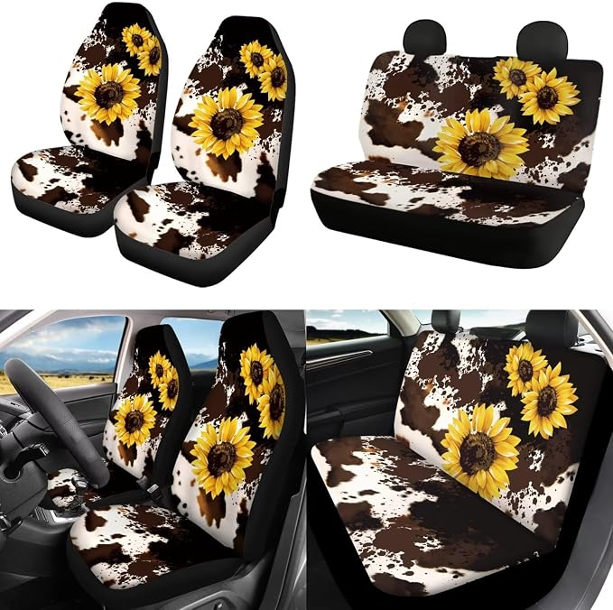 POLERO Sunflower Cow Print Seat Covers for Car 11pcs Vintage Front and Rear Bench Protector Cushion Vehicle Accessories with Keyring Holder