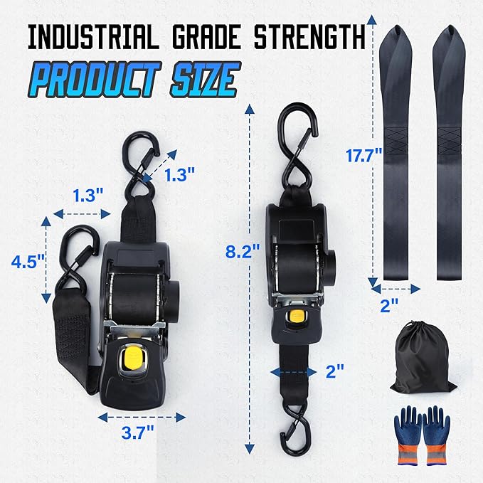 Retractable Ratchet Straps, 2'' x 10FT Self Retracting Ratchet Straps Heavy Duty with Soft Loops, 2204lb Break Strength Auto Tie Down Straps Easy Retract for Motorcycle, Truck, Cargo, 2 Pack