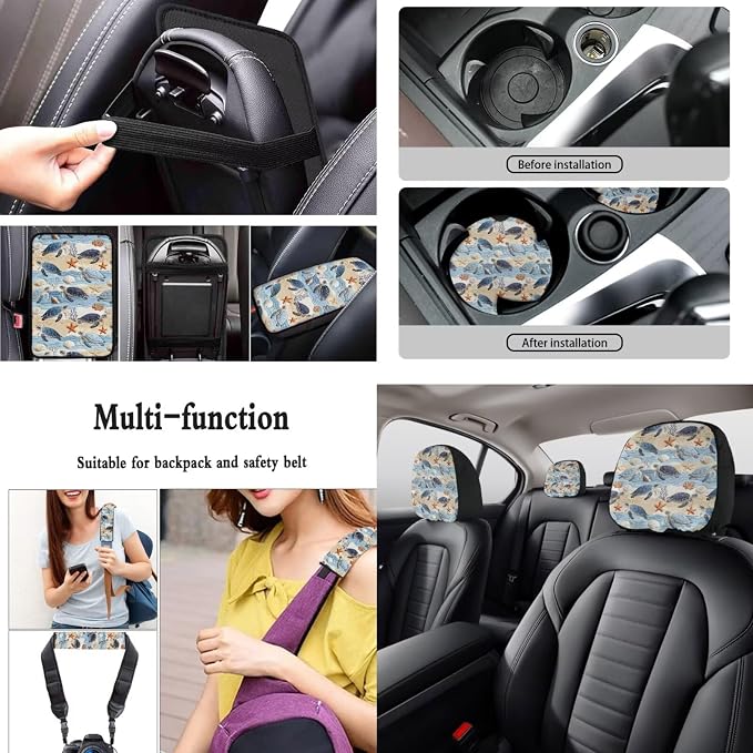 Sea Turtle Print Car Seat Cover Sets Full Set Starfish Shell Print Front and Rear Car Seat Covers Steering Wheel Cover Safety Belt Pads Headrest Protectors Center Console Pad Keychain