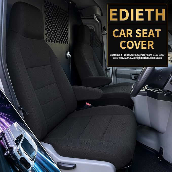 Heavy Duty Composite Fabric Protection Front Seat Covers for Ford E-150/E-250/E-350 Van 2009-2014 E-Series Cutaway/Stripped Chassis 2015-2026 High Back Bucket Seats Molded Headrest - Black