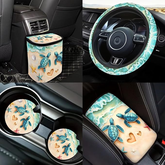 Beach Sea Turtl Car Seat Covers Full Sets 18 Pack Universal Car Interior Accessories Sets Sea Turtle Steering Wheel Car Covers Anti Slip Cute Car Trash Can Car Headrest Covers Seat Belt Cover