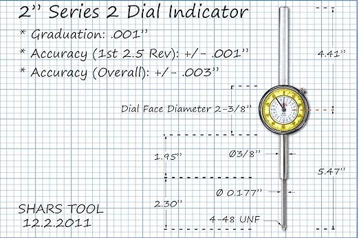 Shars 0-2" High Precision Dial Indicator, Yellow Face, 0.001" Graduation 303-3115Y P]