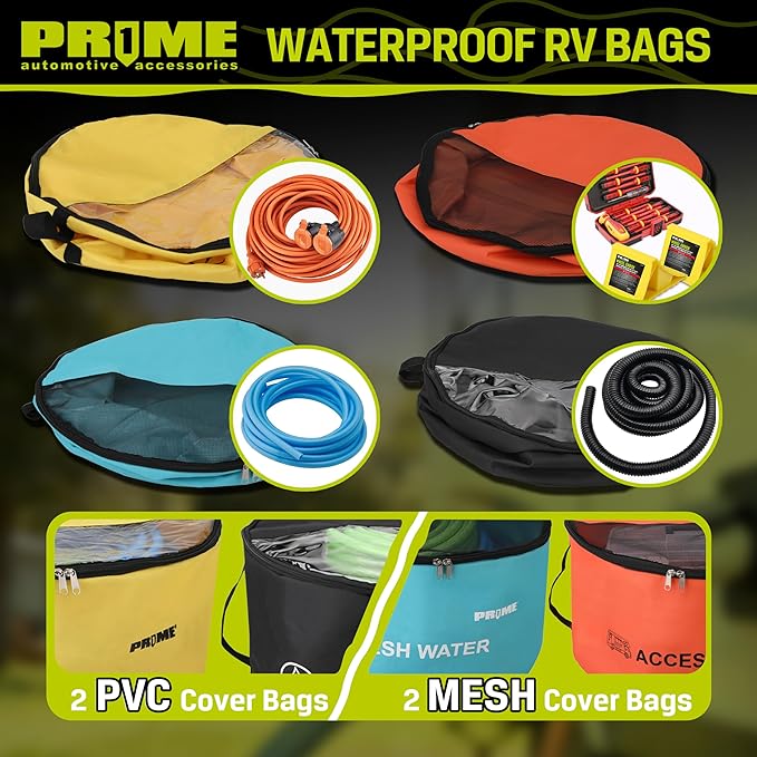 PR1ME 4 Pack Waterproof RV Hose Bag Storage, Two-Way Zipper Closures and Visible Cover, RV Utility Organizer for Sewer & Fresh Water Hoses, Electrical Cords & Camper Accessories, Color-Coded Design