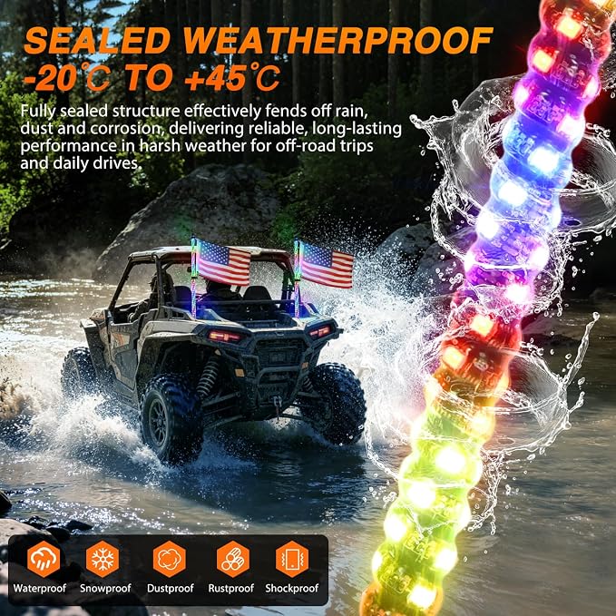 Nilight LED Whip Light 2PC 3FT Spiral RGB Antenna Whips with Spring Base, App/Remote Control DIY Chasing Patterns Brake & Reverse Turn Signal Lights for Side by Side ATV UTV RZR Can-Am Buggy Jeep