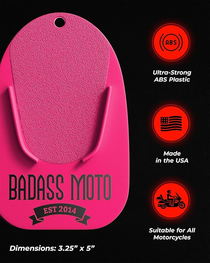 Badass Moto Motorcycle Kickstand Pad, Kick Stand Puck, Coaster Plate for Harley Davidson Touring, Sport Bike, Motorcycle Accessories for Women, Grass, Dirt, Hot Pavement Parking Pad, Made in USA, Pink
