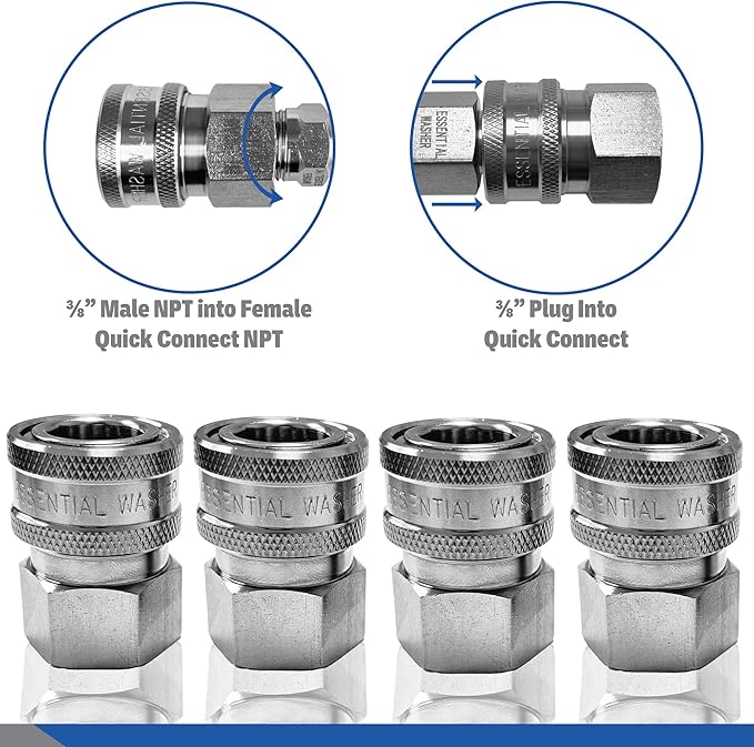 Essential Washer Stainless Steel ⅜” Quick Connect Female NPT | Pressure Washer Quick Connect Fittings | 5000 PSI | Set Of 4