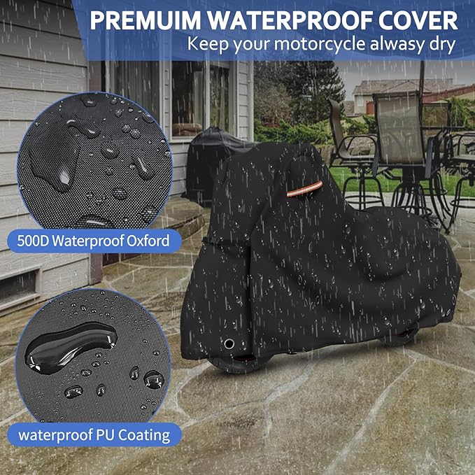 STARTWO Motorcycle Covers Waterproof Outdoor Storage for Harley Davidson Touring Models with Side+Top Box Ultra Limited,Road Glide Limited, Gold Wing,Road Master 110"x45"x59" Black