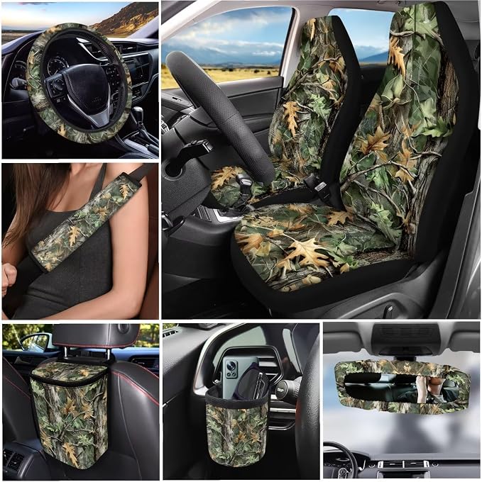 Dreaweet Camo Hunting Seat Covers for Cars Full Set Universial Steering Wheel Cover Seat Belt Pads Trash Bag Vent Storage Pouch Rear View Mirror Cover Car Coasters Keychain 15 Pcs Set