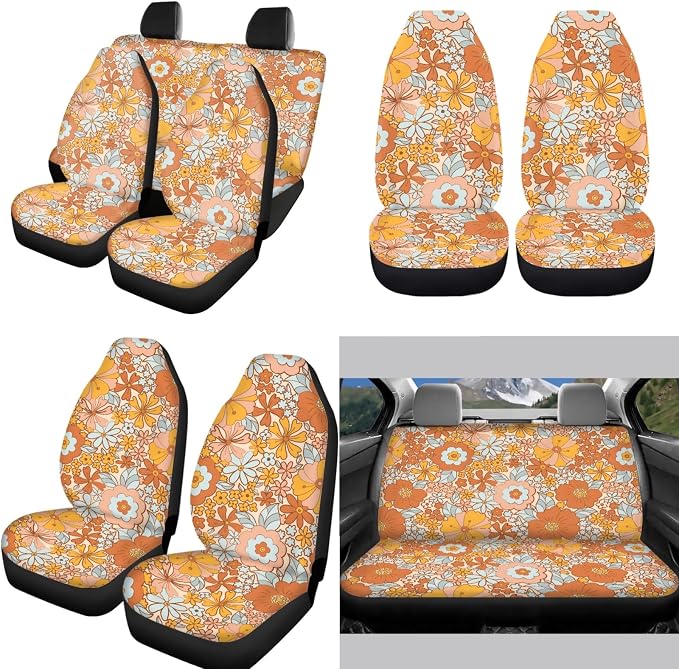 12 Piece Hippie Car Accessories Set Retro 70S Flower Auto Seat Covers Full Set 15Inch Steering Wheel Cover Seat Belt Cover Center Console Armrest Pad Keyring Cup Holder Pad for Vehicels