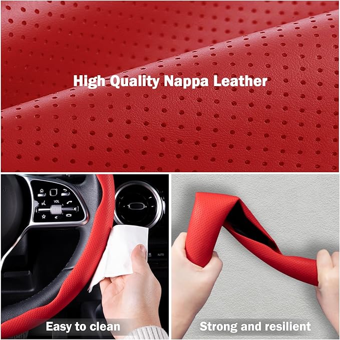 Nappa Leather Car Steering Wheel Cover for Men Women, Ultra-Thin Non-Slip Breathable Microfibre, Universal for 14.5"-15" Steering Wheel - Red