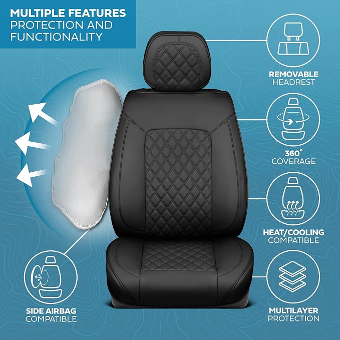 MotorBox Haven Series Napa Leather Seat Covers for Cars, Lux Edition Diamond Stitched Front Seat Covers, Premium PU Leatherette Black Car Seat Covers for Cars Trucks SUVs
