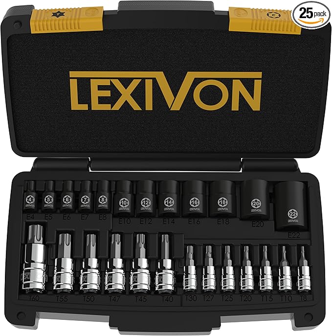 LEXIVON Master Torx Bit and Socket Set, Premium S2 Alloy & Cr-V Steel | 25-Piece, Bit Socket T8-T60 & E-Torx E4-E22 | Heavy-Duty Storage Case (LX-148)