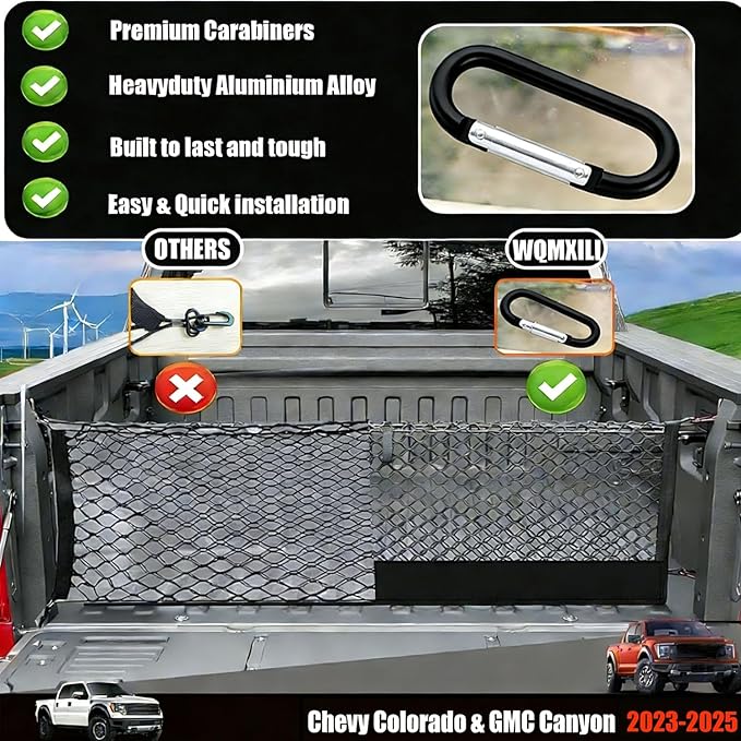 Envelope Style Truck Cargo Net Compatible with Chevy Colorado & GMC Canyon 2023 2024 2025 Accessories, Heavy Duty Carabiners Highly Elastic Truck Bed Mesh Cargo Net
