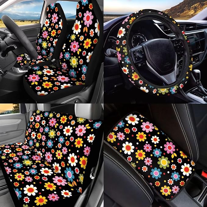 BIGCARJOB 15 Pcs Stylish Daisy Car Interior Sets for Women Car Seat Cover Vehicle Bucket Seat Cover Full Set Trash Can Car Seat Headrest Pillow Cover Seat Belt Pads