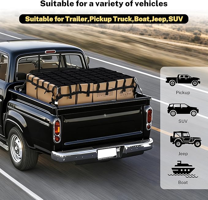 6'×4.75'Cargo Net with Mesh,Basic Waterproof,Breathable,UV Protection,4 Adjustable Straps with Carabiners & S-Hooks.Cargo Net for Pickup Truck Bed is Suitable for Trailer,Pickup Truck,Boat,Jeep,SUV